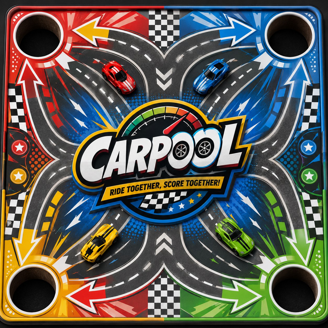 Carpool board game concept art with racing paths and corner pockets